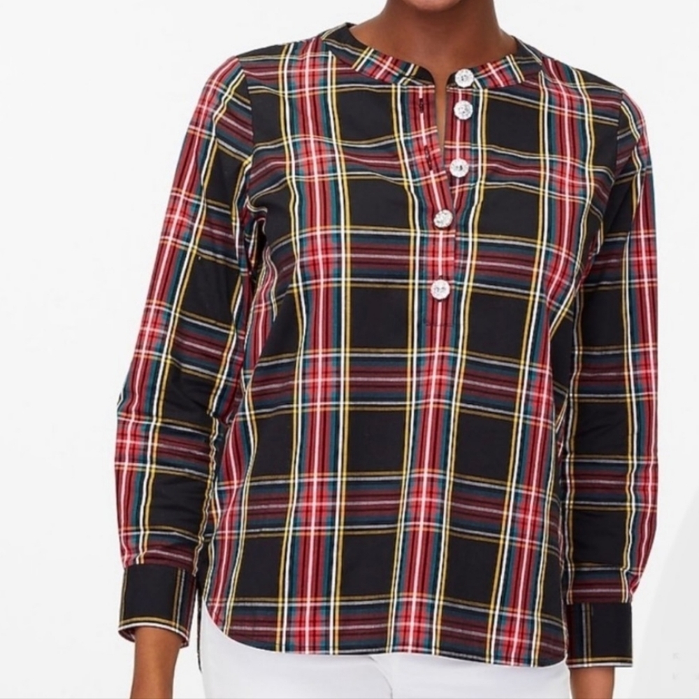 J. CREW Factory tartan cotton poplin top with jewel buttons women's size…